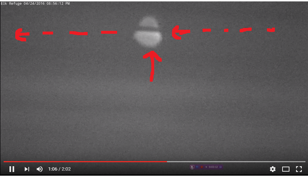 Photo : j'ai extrait cette image de la vidéo, fléché l'ovni et sa direction en rouge. Ovni le 24 avril 2016 à Elk Refuge...