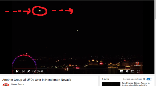 Photo : j'ai extrait cette image de la vidéo, entouré en rouge l'ovni, et fléché sa direction. Secteur de Las Vegas, le 03 juin 2016...