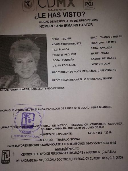 image : la fiche sur Anita Pastor, qui signalait sa disparition...
