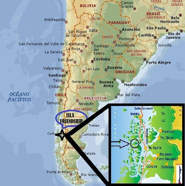 Image : localisation de "Isla Friendship", au sud du Chili.