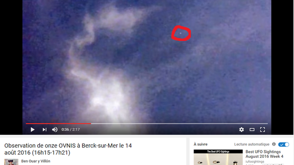 Photo : j'ai extrait cette image de la vidéo, et entouré en rouge cet ovni. A Berck-sur-Mer, le 14 août 2016...