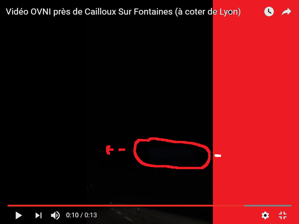 Image : j'ai extrait cette image de la vidéo, et entouré en rouge l'ovni rectangulaire. Pas très visible. A Cailloux-sur-Fontaines, le 06 septembre 2016...