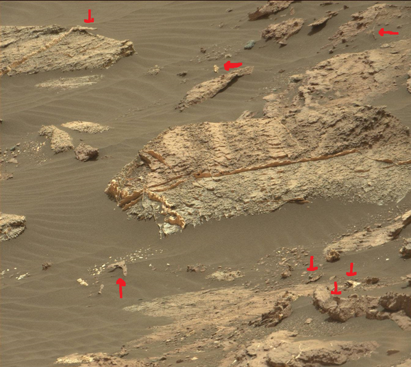 Crédit photo NASA : SOL 1485. J'ai ciblé en rouge ces formes insolites. Photo prise par Curiosity, sur Mars, le 09 octobre 2016...