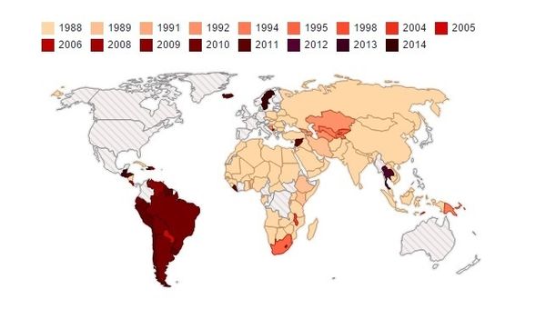 La carte des pays du monde qui reconnaissent l'Etat palestinien. Il faut désormais y ajouter l'Espagne, après l'Angleterre et l'Irlande (Source Le Monde).
