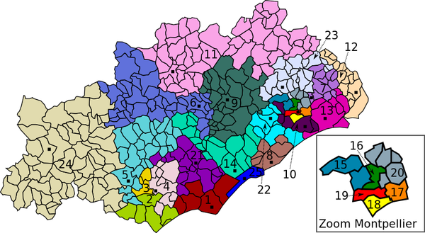 Liste des cantons 1- Agde, 2- Béziers-1, 3- Béziers-2, 4- Béziers-3, 5- Cazouls-lès-Béziers, 6- Clermont-l'Hérault, 7- Le Crès, 8- Frontignan, 9- Gignac, 10- Lattes, 11- Lodève, 12- Lunel, 13- Mauguio, 14- Mèze, 15- Montpellier-1, 16- Montpellier-2, 17- Montpellier-3, 18- Montpellier-4, 19- Montpellier-5, 20- Montpellier - Castelnau-le-Lez, 21- Pézenas, 22- Pignan, 23- Saint-Gély-du-Fesc, 24- Saint-Pons-de-Thomières, 25- Sète