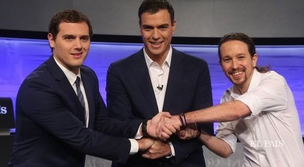 Albert Rivera, Pedro Sánchez y Pablo Iglesias, en el debate a tres de El País.
