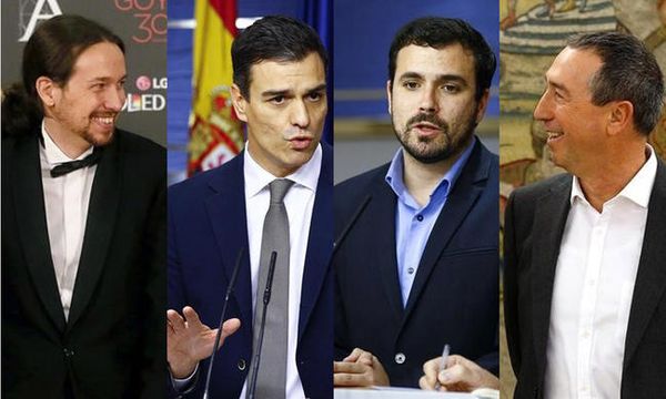 Pablo Iglesias, Pedro Sanchez, Alberto Garzon et Joan Baldovi, les quatre leaders politiques dont la gauche espagnole attend beaucoup.
