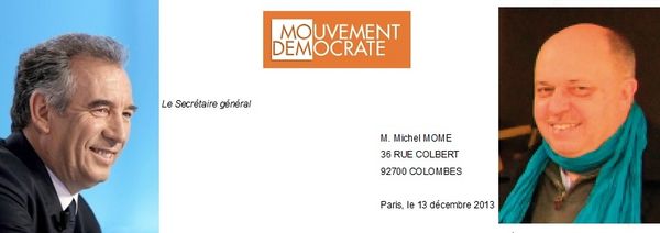 Lettre de Marc Fesneau, Secrétaire général du MoDem : Michel Môme désigné comme chef de file du MoDem à Colombes