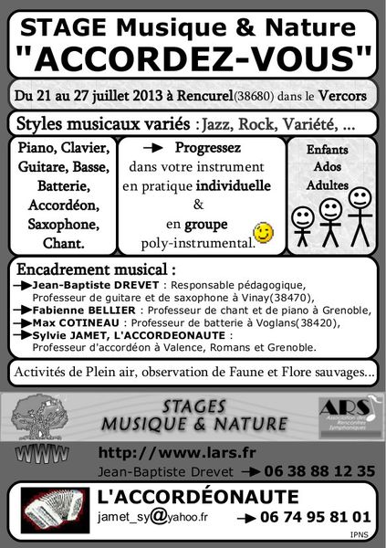 Stage de musique - du 21 au 27 juillet 2013 - "Accordez-vous" avec l'Accordéonaute - Vercors