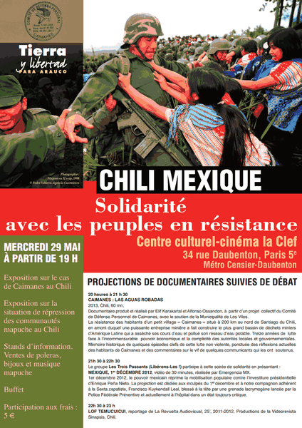 29 mai à partir de 19 heures : soirée de projections solidaire de peuples en résistance au Chili et au Mexique