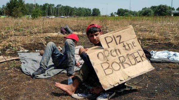 La migrantoj troviĝas en kampejo je cent metroj de la pikdrataj landlimoj inter Hungario kaj Serbio. Reuters