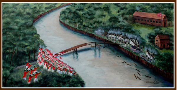 "Horatius at the Bridge" peinture de Thomas Babington, on remarque les planches enlevées sur le pont
