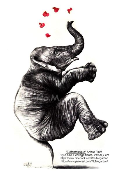 Éléphant-21x29,7 cm-dessin au stylo bille+collage de fleurs