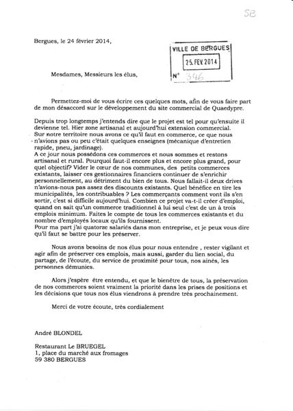 Courrier de M. BLONDEL (restaurant le Bruegel à Bergues) aux élus de la CCHF