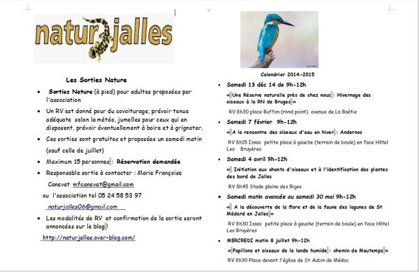 Avec Naturjalles, venez "A la rencontre des oiseaux d'eau en hiver" lors de la sortie du 7 février 2015 voir le calendrier des sorties Nature