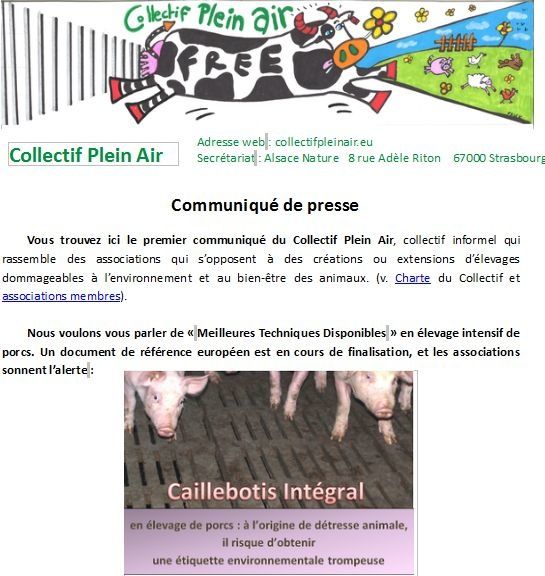 Premier communiqué du Collectif Plein Air, collectif informel rassemblant des associations opposées aux élevages usines dommageables à l’environnement et au bien-être des animaux