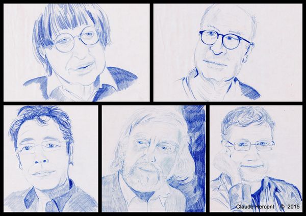 Montage cinq dessins crayon bleu.