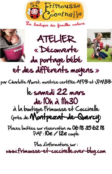 Atelier de portage bébé/bambin thème "Découverte du portage et différents moyens" le 22 mars