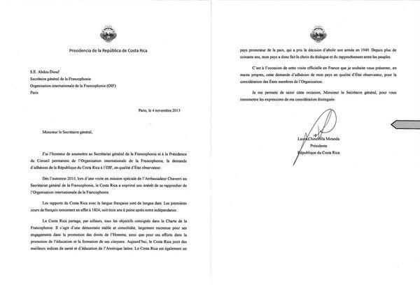 Le Costa Rica membre observateur des pays francophones
