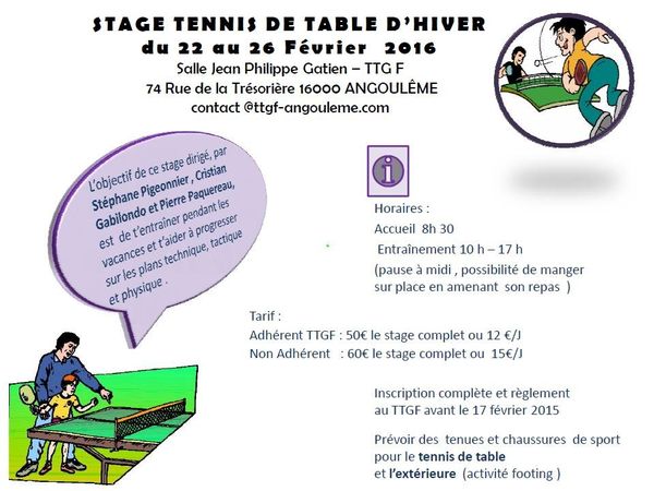 STAGE TENNIS DE TABLE VACANCES D 'HIVER