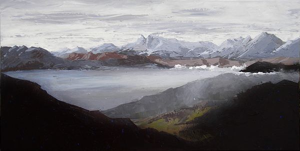 Hiver . Vue sur la Vallée d’Ossau du haut du Pic des Escurets. Acrylique sur toile au couteau (100x50cm) d'après une prise de vue de Emilie.L