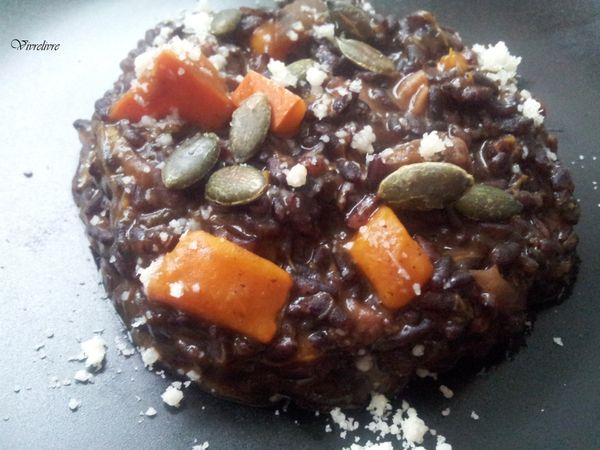 Risotto de riz venere au potimarron et châtaignes. (Végétalien)