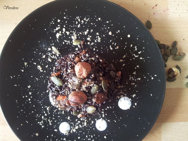 Risotto de riz venere au potimarron et châtaignes. (Végétalien)