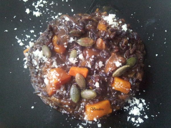 Risotto de riz venere au potimarron et châtaignes. (Végétalien)