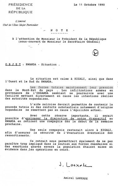 Génocide au Rwanda. 20 documents pour comprendre le rôle de l’Etat français. Document 7 : Note de l’Amiral Lanxade du 11 octobre 1990 à l’attention du Président de la République - Document 8 : Note de Dominique Pin à François Mitterrand du 2 mars 1993, sur la visite du ministre de la Coopération, Marcel Debarge, au Rwanda