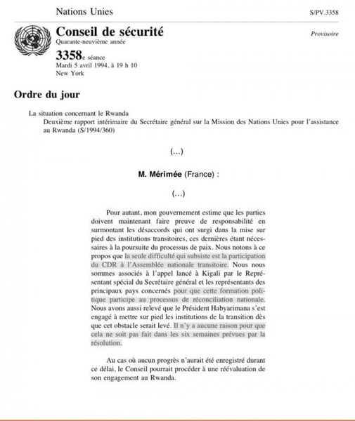 France / Génocide au Rwanda. Document 9 : Procès-verbal de la 3358e séance du Conseil de sécurité de l’ONU, 5 avril 1994 / Document 10 : Fiche particulière de la DGSE « Rwanda : éléments d’information », 18 février 1993