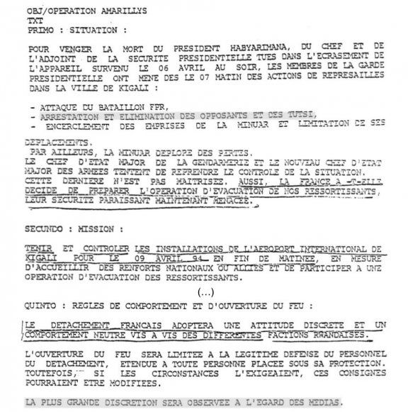 Génocide: la France au Rwanda. Document 12 : ordre d’opération Amaryllis, 8 avril 1994