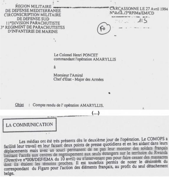 Implication française dans le génocide au Rwanda. Document 13 : Compte-rendu de l’Opération Amaryllis par son commandant, le colonel Henri Poncet, 27 avril 1994 (Survie)