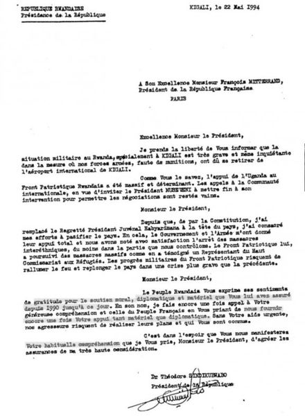 Implication française dans le génocide au Rwanda. Document 17 : Lettre du Président rwandais Théodore Sindikubwabo au Président français François Mitterrand, 22 mai 1994