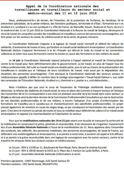 Le travail social en lutte: rdv: Nous nous retrouvons mardi 14 juin à partir de 11h30 au 11, Boulevard de Port-Royal, devant le cinéma Escurial, Paris XIIIe, pour l'énorme manifestation intersyndicale et interprofessionnelle contre la "loi-travail"