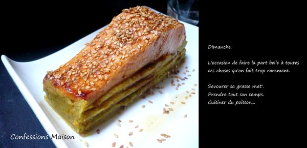 Pavé de saumon sésame/miel/soja, purée de pois cassés