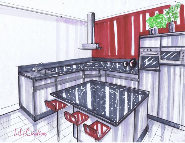 CUISINE GRISE ET ROUGE