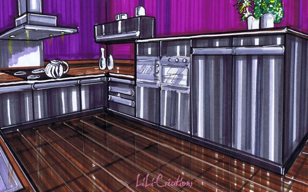 Cuisine violette Cette cuisine est très chargée en couleur. Les murs sont violets et les meubles sont gris foncés. Ceci est très joli mais demande un apport considérable en lumière. Ici, la fenêtre ne se voit pas mais se trouve devant l’évier, il y a un apport conséquent de lumière naturelle. Ensuite, il y a des lumières fonctionnelles, par exemple sous la hotte pour l’espace de cuisson mais aussi au plafond en général. Ici, nous avons aussi une bande de lumière LED placée sous le plan de travail pour éclairer la façade des meubles. Ainsi, la cuisine ne paraît plus complètement sombre. Il est toujours possible d’implanter une pièce foncée, dans ce cas, il est recommander de veiller à ce que la lumière soit très présente pour ne pas que celle-ci confère une atmosphère triste. Les pièces sombres, ne sont en générales pas agréables à vivre et on n’y reste en général que très peu de temps. Une pièce agréable est lumineuse.