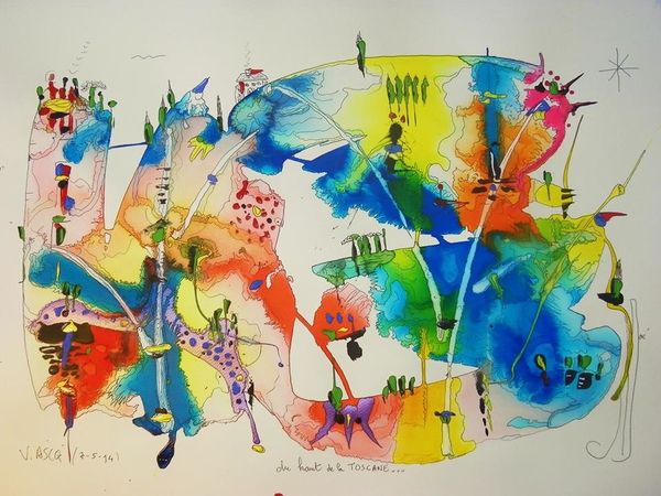 Promenez-vous dans cette œuvre, véritable paysage mental ; c’est un rébus plein d’humour et de trouvailles, où vous croiserez personnages chapeautés, cheminée qui fume, le tout dans une allégresse colorée frisant un surréalisme joyeux qui rappelle à certains égards un Kandinsky qui aurait abusé de la grappa.