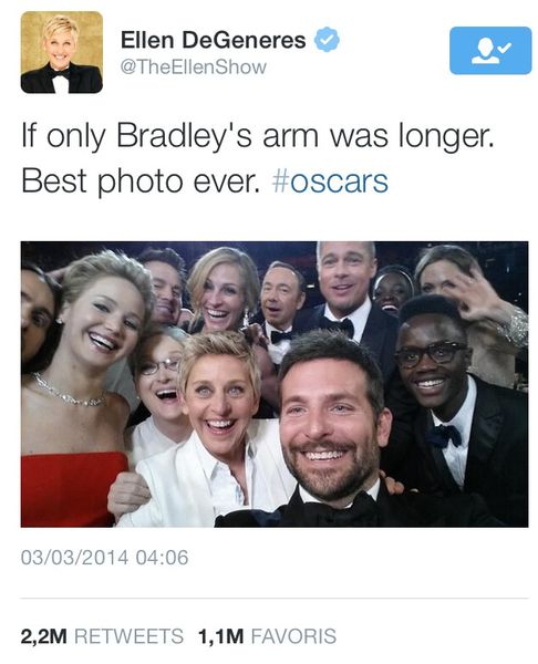 Record : Voici le Tweet le plus retweeté de l'histoire #Oscar #Selfie