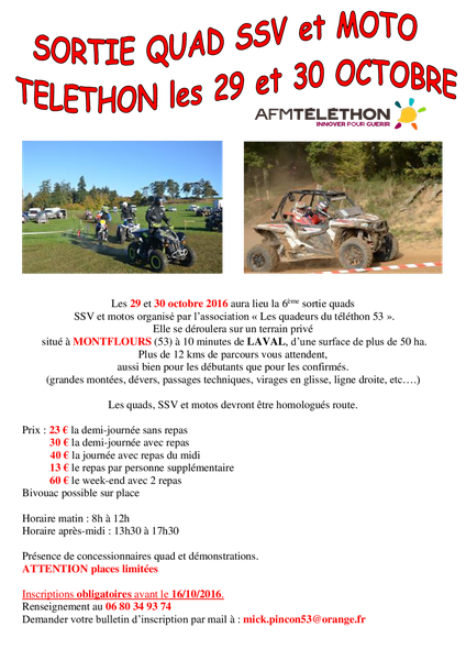 Weekend Téléthon quads, motos et SSV à Montflours (53), le 29 et 30 octobre 2016