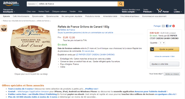 Carrefour vendu sur Amazon ? 29 références Reflets de France (MDD région de Carrefour) vendues sur Amazon.fr. Bizarre mais logique.