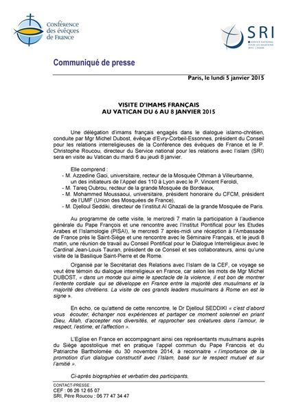 Visite d'Imams Français au Vatican du 6 au 9 janvier 2015