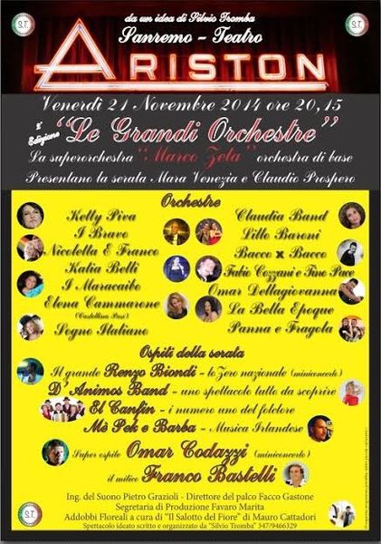 ARISTON SANREMO:LE GRANDI ORCHESTRE DA BALLO IL 21 NOV.