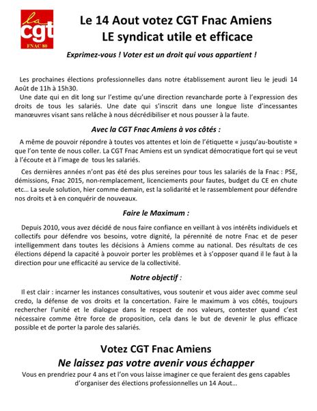 Le 14 Aout votez CGT Fnac Amiens LE syndicat utile et efficace