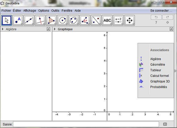 Interface d'accueil de GeoGebra