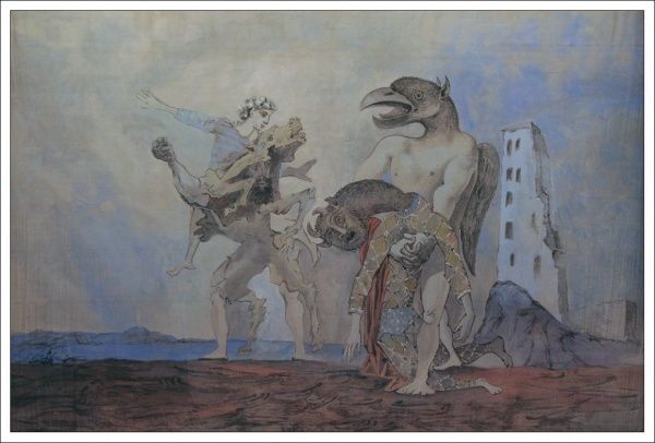 La Dépouille du Minotaure en costume d'Arlequin 1936 Rideau de scène pour le Théâtre du Peuple dit Rideau de scène pour Le Quatorze-Juillet de Romain Rolland