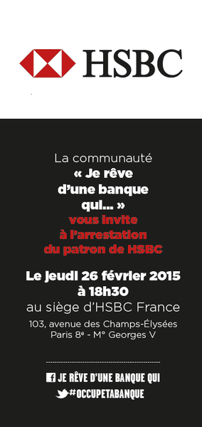 Où va l'argent ? Débat à la Plaine mardi 24/02 et arrestation symbolique du patron de HSBC jeudi 26/02
