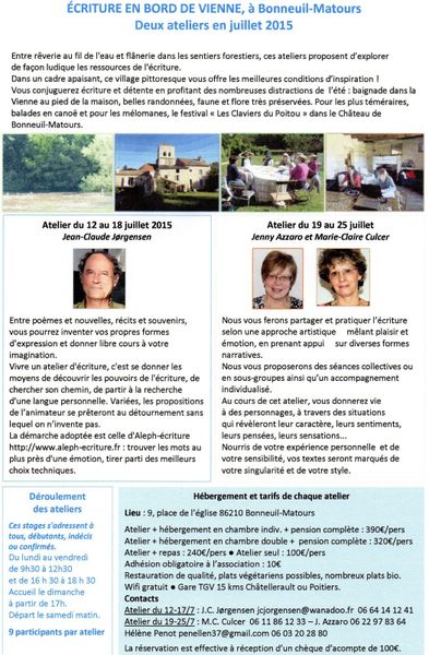2 ateliers d'écriture en juillet à Bonneuil-Matours 86210