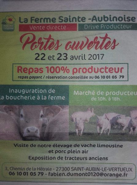 Invitation aux Portes Ouvertes de la Ferme Saint Aubinoise ce we 22 et 23 Avril