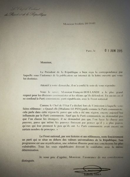 Le Président de la République ne confond pas le PCF, parti républicain, avec le Front National. Merci François !